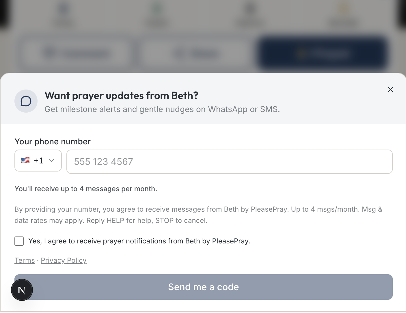 Screenshot of the PleasePray SMS opt-in modal showing the phone number field, consent checkbox, and disclosure text